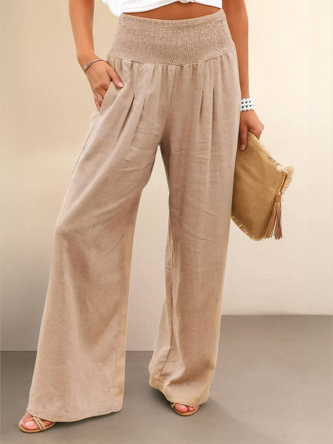 Zillalyn | Women's Wide Leg Pants High Waist Smocked Palazzo Trousers Women — Khaki