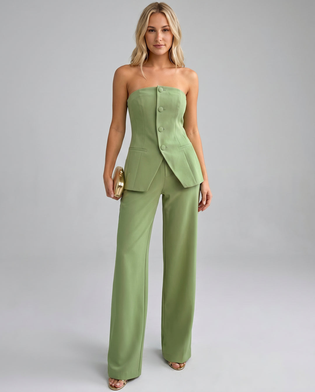 Zoracine | Women's Linen Bustier Set with Wide-Leg Trousers Pants — Green